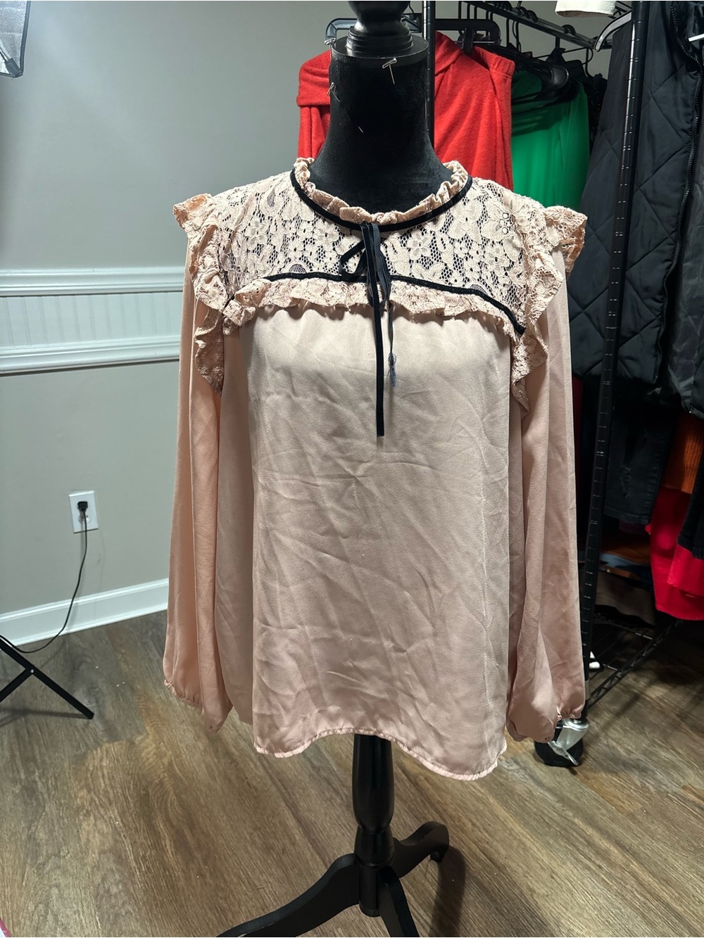 iris Lace Yoke Long-Sleeve Blouse - Blush Pink